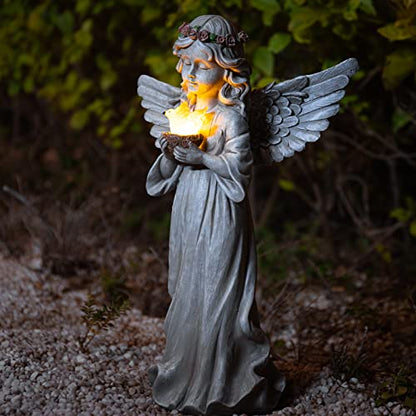 Angel Garden Statue, Solar Angel Figurines Hold Bird's Nest with LED Lights - style: Dove