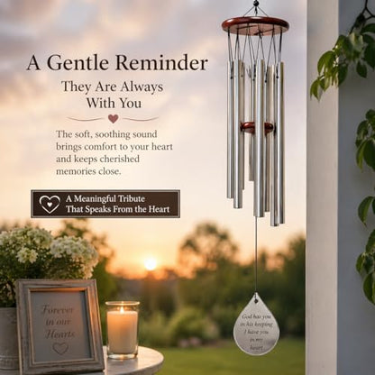 Memorial Wind Chimes Sympathy Gift – “God Has You in His Keeping I Have You in My Heart” – Engraved Teardrop Charm – Wooden Top Chime – Bereavement Gift for Loss – 37" Outdoor-Indoor