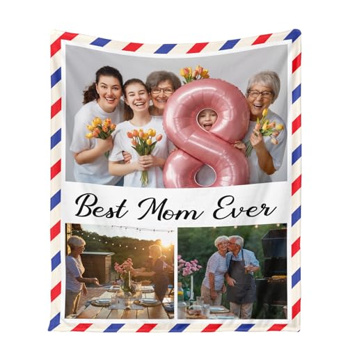 Ships Next Day, Custom Blanket with Photos Text - HD-Printing in USA, Personalized Picture Blanket Customized Flannel Blankets Christmas Birthday Gifts for Mom Dad Couple Kids Girlfriend Boyfriend - color: 3 Photos, size: 60'' x 80''