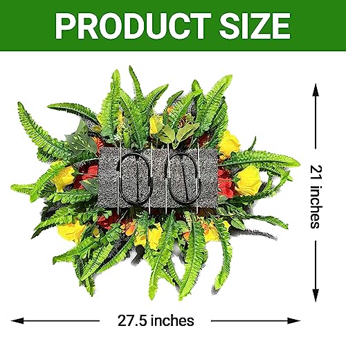 Headstone Flower Saddle,Large Artificial Cemetery Flowers for Grave-Realistic Red & Yellow Rose Mix Arrangement,Outdoor Memorial Decorations,Durable & Easy Fit