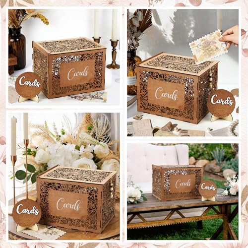 Wedding Card Box with Sign Boho Rustic Wood Gift Card Box Vintage Money Cards Holder for Wedding Baby Shower(Flower,Brown,11.4 x 9 x 8.5 Inches) - style: Flower