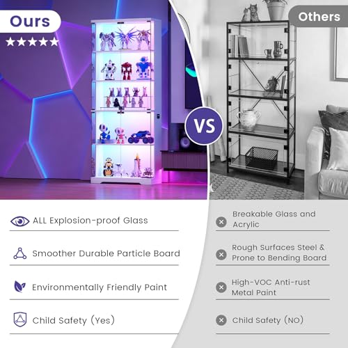 Dystler Glass Display Cabinet with Doors and RGB LED Lights | 69" Tall Curio Cabinet, 5-Tier Wooden Shelves, Lockable Display Case, Motion Sensor, for Collectibles, Living Room, White - color: White