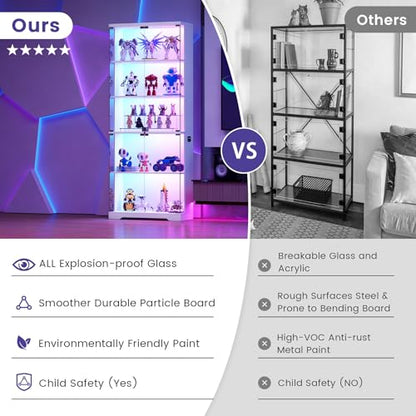 Dystler Glass Display Cabinet with Doors and RGB LED Lights | 69" Tall Curio Cabinet, 5-Tier Wooden Shelves, Lockable Display Case, Motion Sensor, for Collectibles, Living Room, White - color: White