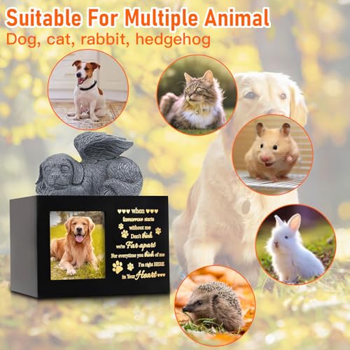 Pet Memorial Urns for Dog Ashes Box, Large Wooden Pet Dogs Urns with Dog Angel and Photo Frame, Memorial Keepsake Memory Box, Loss Pet Puppy Memorial Black Funeral Cremation Box Remembrance Gift