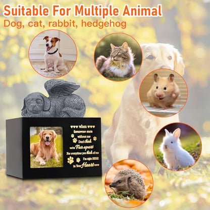 Pet Memorial Urns for Dog Ashes Box, Large Wooden Pet Dogs Urns with Dog Angel and Photo Frame, Memorial Keepsake Memory Box, Loss Pet Puppy Memorial Black Funeral Cremation Box Remembrance Gift