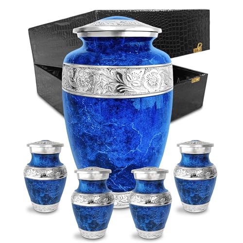 Blue Marble Cremation Urn Set for Human Ashes – Large Adult Memorial Urn with 4 Keepsake Urns, Family Sharing Urn Set, Tribute of Love and Remembrance - color: Blue
