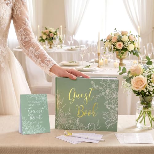 Wedding Guest Book with Pen and Table Sign, 7x9 Inch Photo Guestbook with 88 Lined Pages, Personalized Guestbook Photo Album Sign in Book for Reception Bridal Shower Wedding Birthday Party(Sage Green) - style: Sage Green