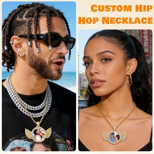 HJX Custom Circle Chain with Wings, Memorial Picture Necklace for Men Womem - color: Gold、Silver