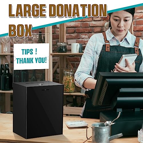 2 Pack Acrylic Donation Box with Lock Tall Tip Jars 8.2 x 6.7 x 5 In Suggestion Ballot Box with Sign Holder Large Locking Raffle Voting Container for Fundraising Ticket Collection(Black)