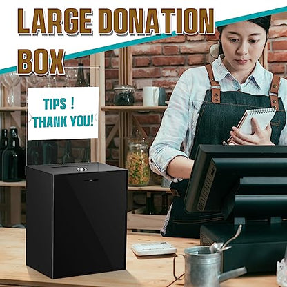 2 Pack Acrylic Donation Box with Lock Tall Tip Jars 8.2 x 6.7 x 5 In Suggestion Ballot Box with Sign Holder Large Locking Raffle Voting Container for Fundraising Ticket Collection(Black)
