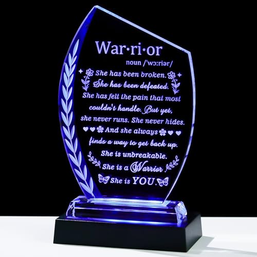 Inspirational Cancer Survivor Gifts for Women - Warrior She is You | Engraved Crystal Plaque Decor with Light Base, Cancer Fighter Patients Sympathy Gift for Woman Mom Friend Birthday Christmas - style: Cancer Survivor +Light Base
