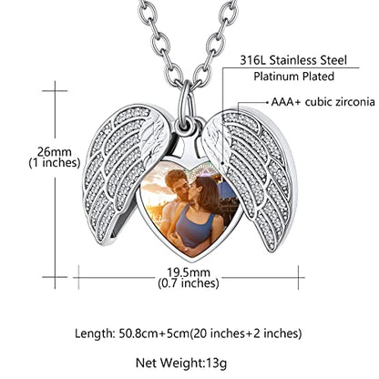 Custom4U Personalized Heart Locket Necklace with Pictures,Sunflower/Angel Wings/Heart Shaped Lockets Custom Photo,Gold/Rose Gold/White Lockets That Holds Picture,Customized Memorial Jewelry for Women - color: B-Angel Wings-Steel(Locket + Photo + Engraving