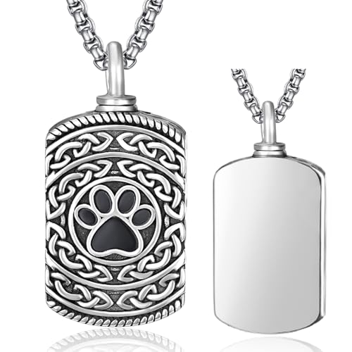 Pet Cremation Urn Necklace for Dog Cat Ashes 925 Sterling Silver Paw Print Keepsake Pendant Celtic Knot Memorial Jewelry for Women Men - style: 00F-Rectangle Urn-(Silver Personalized)