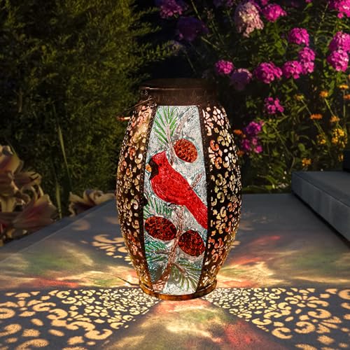 Solar Lanterns Outdoor Hanging Light Cardinal LED Glass Light Waterproof Hollowed-Out Metal Decor Garden,Yard,Patio,Gifts,Table,Pathway,Holiday for Women Mom - color: Cardinal-