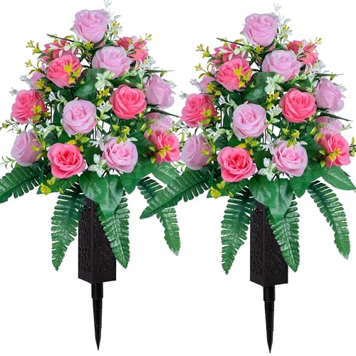 DONODA 2 Sets of Artificial Cemetery Flowers， Outdoor Grave Decorations Roses，Accompanied by 2 Long Nail Vases，Lasting and Non-Bleed Colors. (18 Heads (Pink+Light Pink)) - color: 18 Heads (Pink+light Pink)