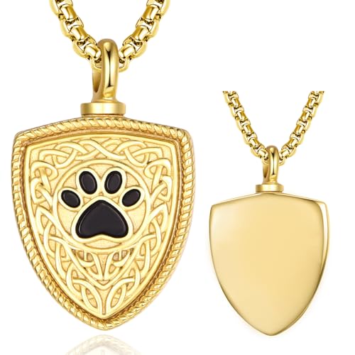 Pet Cremation Urn Necklace for Dog Cat Ashes 925 Sterling Silver Paw Print Keepsake Pendant Celtic Knot Memorial Jewelry for Women Men - style: 00B-Shield Urn-(Gold Plated Personalized)