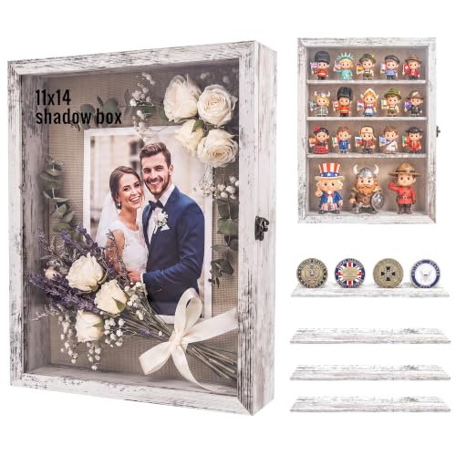 11x14 Wooden Shadow Box Frame with Removable Shelves Deep Display Case for Military Medals Keepsakes White - color: White, size: 11x14