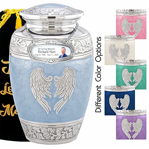 Personalized Medallion Blue Angel Wings Cremation Urns for Adult Ashes Male Female - 200lbs Burial Human Handcrafted Funeral Decorative with Velvet Bag - color: Blue Angel Wings Free Personalized Medallion