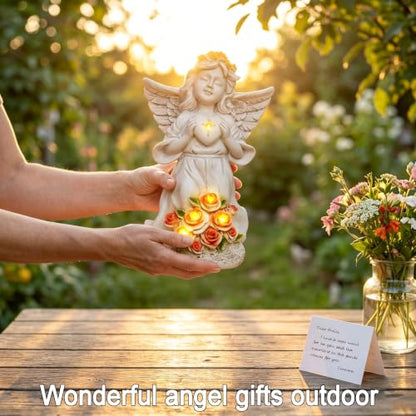 Solar Light Angel Garden Statues Sculptures for Grave Decoration | Weatherproof, Sympathy Cemetey Decoration, Outodor Angel Gifts for Mom Grandma, Handmade of Resin, 8.7" Tall