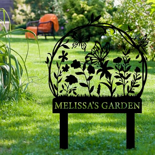 Personalized Garden Sign with Flower Design Custom Stake Butterfly Customized Gardening Gift Farmhouse Decor for Outside Gardening Decorative Gifts Gardeners Backyard Art Yard Outdoor Lawn Patio Path Black Large Camping Housewarming Mom Grandmother - colo