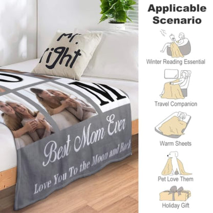 Artsadd Custom Photo Blanket with Text - Personalized Picture Throw Blankets for Mom, Wife, Grandma, Women - Mother's Day, Valentine's Day Gifts - color: 1-mom-01