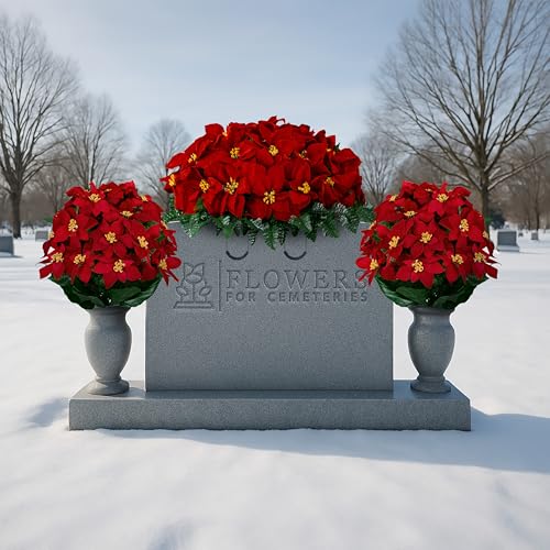 Sympathy Silks Artificial Cemetery Flowers - Gravesite Memorial Arrangment - Red Poinsettia (1) Saddle (2) Bouquets - color: Red, size: (1) Saddle (2) Bouquets
