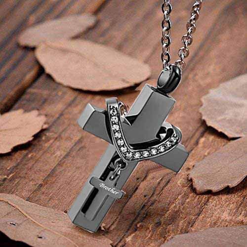 Black Cross Urn Necklaces for Ashes Cremation Crucifix Keepsake Memorial Pendant Necklace - style: Brother