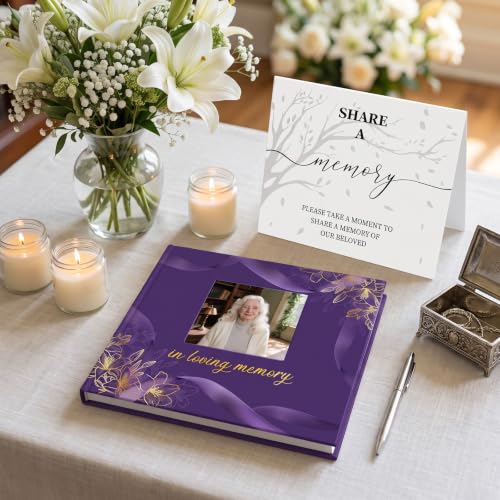 Funeral Guest Book, in Loving Memory Sign in Book with Photo Slot | 330 Entries, Table Sign Card Included, Gold Stamping, Hardcover, Celebration of Life Keepsake, 9x7.5", Purple - color: Purple Photo