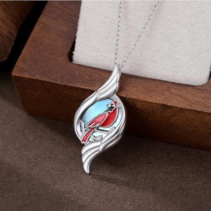 Dove/Hummingbird/Red Cardinal/Dragonfly/Butterfly Necklace 925 Sterling Silver Turquoise/Opal/MoonStone/Crystal/Malachite Bird Necklace Dove Pendant Jewelry for Women Men - color: Red Cardinal Moonstone