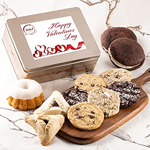 Dulcet Gift Baskets Happy Valentines Day Tasteful Treats Tin Gift Basket Filled with Gourmet Bakery Goods Ideal Gift Idea for Your Love, Wife, Girlfriend, Mom, Daughter, or Coworker. - style: Valentine's Day