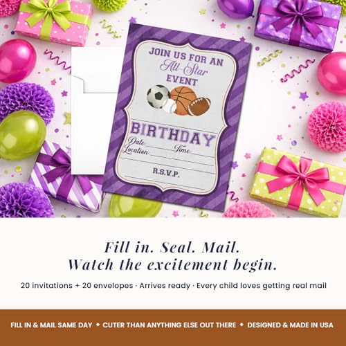 Purple All Star Sports-Themed Birthday Party Invitations for Girls, 20 5x7 Fill In Cards with Twenty White Envelopes by AmandaCreation - style: Purple All Star