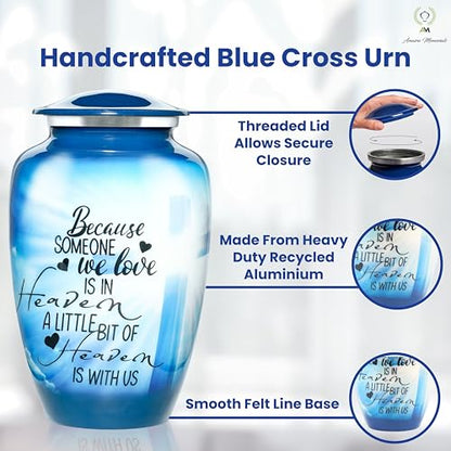 Urns for Human Ashes Adult, Large Cremation Urn for Men & Women, Handcrafted Metal Urn with Secure Lid for Funeral & Burial (Blue Cross - 220 Cubic Inches) - color: Blue Cross