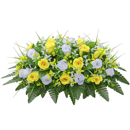 LVXINLI Artificial Cemetery Flowers Saddle-Shaped Tombstone Decorations Non-Fading UV-Resistant（Yellow and White Saddle ） - color: Yellow and White Saddle