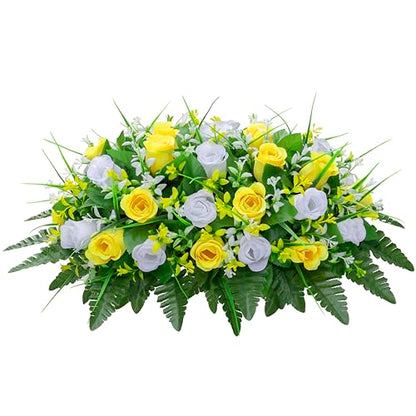 LVXINLI Artificial Cemetery Flowers Saddle-Shaped Tombstone Decorations Non-Fading UV-Resistant（Yellow and White Saddle ） - color: Yellow and White Saddle