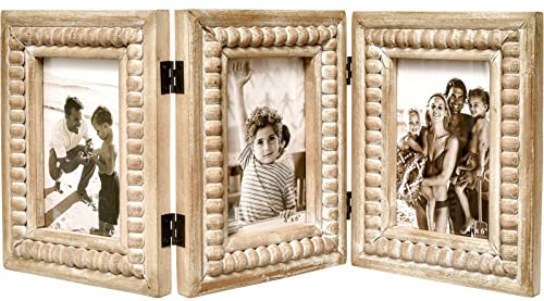 Rustic Distressed 3 Photos Folding Picture Frame Collage with Decorative Wood Beads, 3 Picture Frames 4x6 for Table or Wall Hanging, Farmhouse Gift Idea for Family and Friends - color: Natural, size: 3 Folding 4x6
