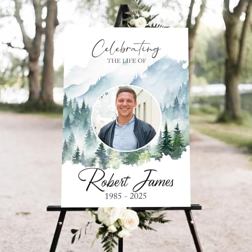 Memorial Funeral Sign, Modern Green Tree Forest Obituary Sign, 12' x 18' Weatherproof PVC, Double-Sided, Customizable - color: Version 7