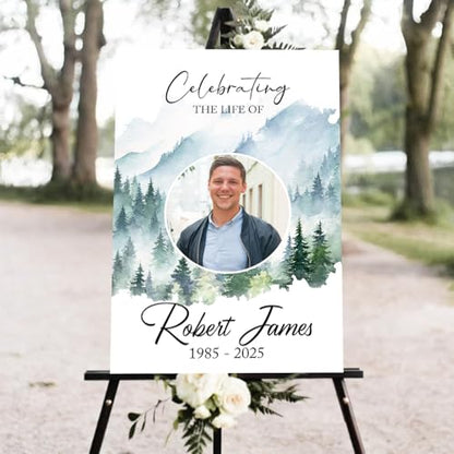 Memorial Funeral Sign, Modern Green Tree Forest Obituary Sign, 12' x 18' Weatherproof PVC, Double-Sided, Customizable - color: Version 7