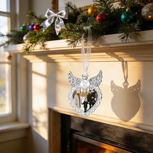 Angel Wing Heart Hanging Picture Frame 2.5x2.5 Memorial Metal Photo Ornament “Always in My Heart” Keepsake (Silver)