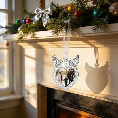 Angel Wing Heart Hanging Picture Frame 2.5x2.5 Memorial Metal Photo Ornament “Always in My Heart” Keepsake (Silver)