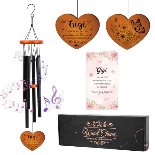 Gigi Gifts Wind Chimes for Outside - Metal Windchime with Wooden Pendant, Greeting Card & Black Box - Unique Birthday for Gigi from Grandkids, Garden Hanging Decor - color: Gigi Gifts Wind Chimes