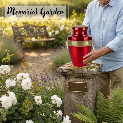 CLEENTABLE Metal Cremation Urn for Human Ashes, Red & Gold - color: Red Yellow, size: Hand-Etched Leaf - 7x11"