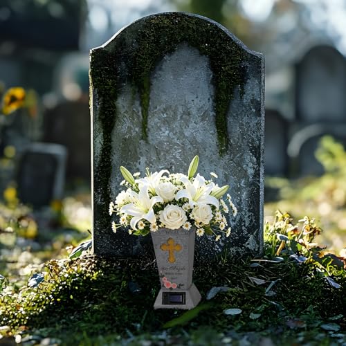 2 Pack Solar Cemetery Grave Vase with Spike, 14.3"x4.3" Angel & LED Cross | Removable Ground Stake for Headstone Flower Holder, Cemetery Decorations for Grave - size: 2 Pack