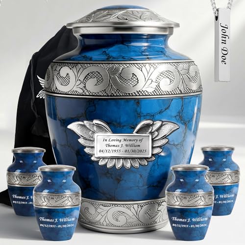 Set of 7 Plaque Custom Engraved Cremation Urns for Human Ashes Includes 1 Large Urn with 4 Small Keepsakes & 1 Silver Necklace - Fire Blue - color: Fire Blue Custom Plaque Urn Set