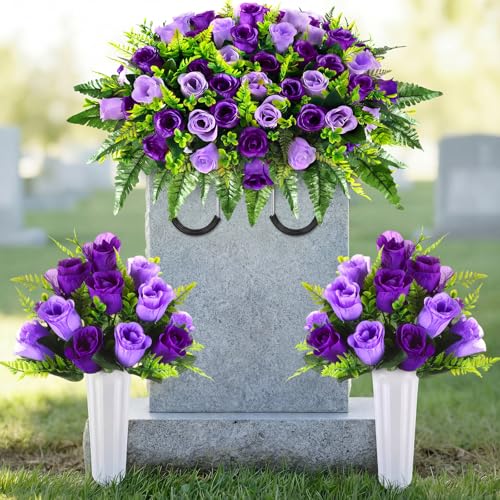 Janinka 3 Pcs Artificial Cemetery Flowers for Grave Set 19.7"x13.8" 1 Headstone Flower Saddle 2 Cemetery Flower with Vase Tombstone Rose Bouquet for Outdoor Gravesite Decor(Dark Purple, Light Purple) - color: Dark Purple, Light Purple