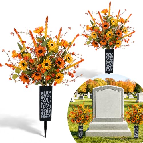 2PCS Artificial Fall Flowers for Cemetery Grave Fake Daisy with Vase, 27in | UV Resistant Autumn Grave Decor Artificial Lavender Daisy Cemetery Flowers for Headstone Tombstone Thanksgiving Outdoor