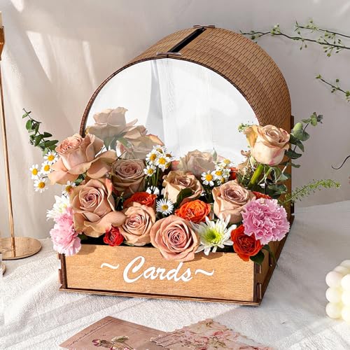 Wooden Wedding Card Box with Flower Trough& Mirror Acrylic for Decorations | Brown Gift Card Box for Wedding, Personalized Floral Display, Mirror Panel Enhances Visual Display, Rustic Cards Box - color: Brown
