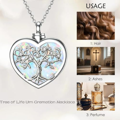 Diamond Tree of Life Urn Necklace for Ashes 925 Sterling Silver Family Tree of Life Cremation with Funnel Filler Ash Holder Keepsake Memorial Jewelry Gifts for Women,18+2 inch - style: Style 4-Opal