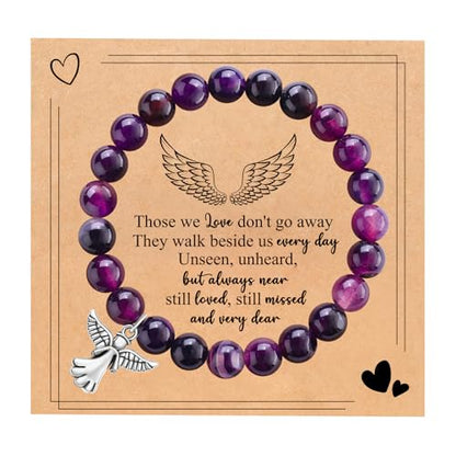 Sympathy Gifts for Loss of Loved one Memorial Healing Remembrance Condolence Grief Present for Women Pink Beads Bracelet With Angel Wings - style: Amethyst-Angel-Those we love don't go away