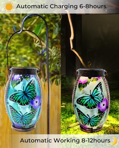 Hanging Solar Lantern Waterproof Garden Light Butterfly | Glass & Metal, Tabletop Light with Hollowed-Out Design for Garden Patio Table Decor, Gifts for Friends and Family - style: Butterfly-Glass