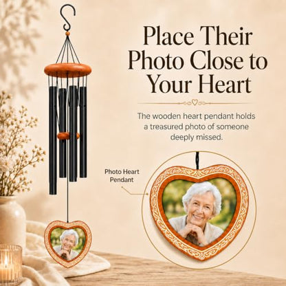 34 Inch Memorial Wind Chimes for Outside with Heart Photo Frame, Black - color: Black